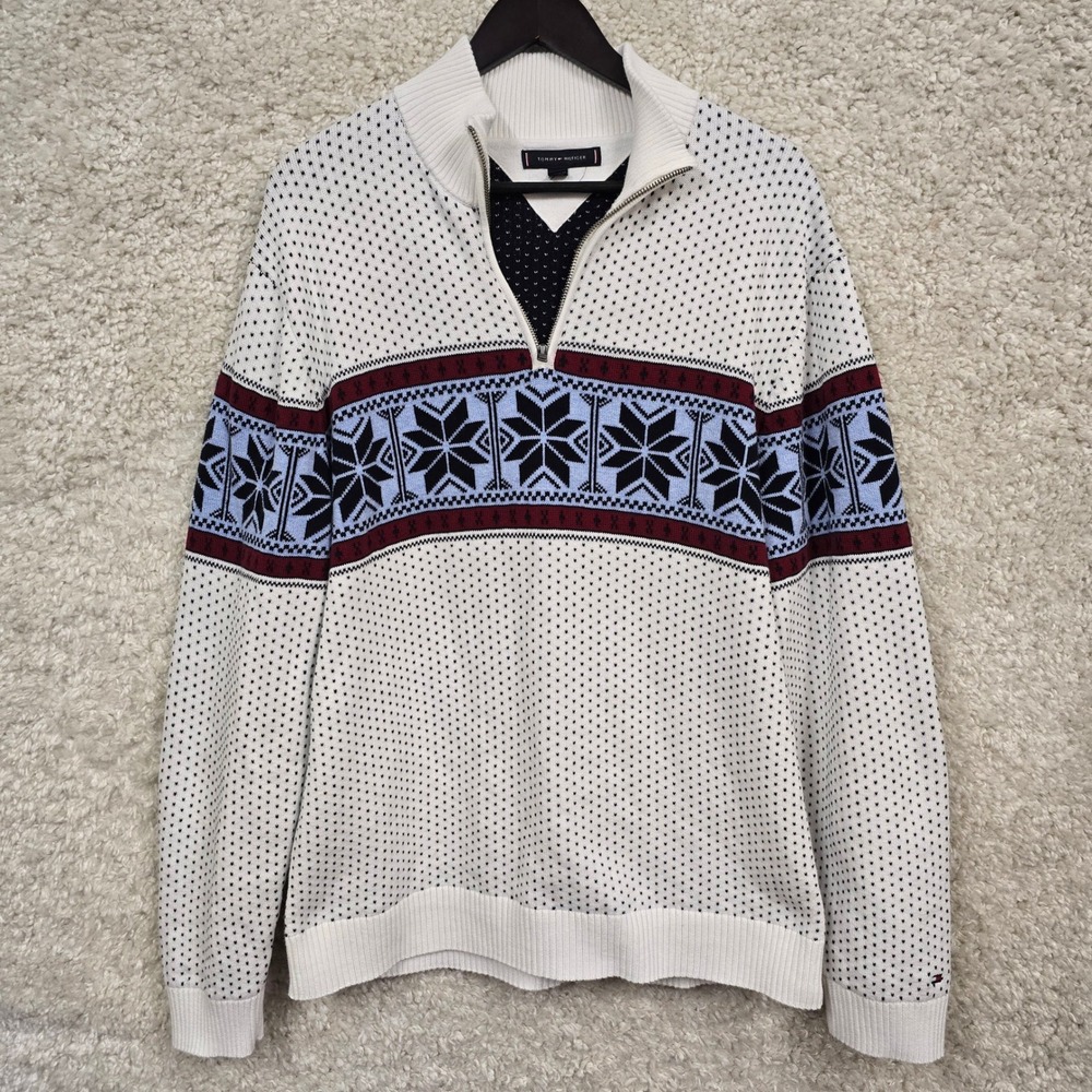Tommy Hilfiger Quarter Zip Sweater Mens XXL White Fair Isle Snowflake Cotton‎